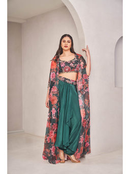 SAMMOHI BY MOKSHA & HIRAL - Emerald Green Floral Cape with Blouse and Skirt (Set of 3)