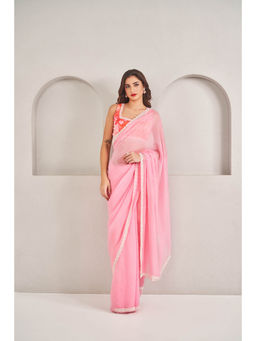 SAMMOHI BY MOKSHA & HIRAL - Rose Pink Organza Saree with Stitched Blouse