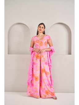 SAMMOHI BY MOKSHA & HIRAL - Pink Palazzo with Top and Ruffled Dupatta (Set of 3)