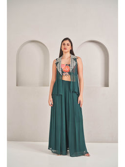 SAMMOHI BY MOKSHA & HIRAL - Emerald Green Crop Jacket with Blouse and Palazzo (Set of 3)