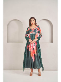 SAMMOHI BY MOKSHA & HIRAL - Emerald Green Floral Printed Anarkali Dress with Dupatta (Set of 2)