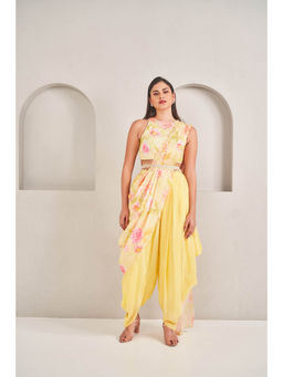 SAMMOHI BY MOKSHA & HIRAL - Sunshine Yellow Draped Dhoti with Blouse and Belt (Set of 3)
