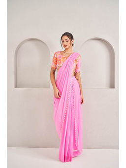 SAMMOHI BY MOKSHA & HIRAL - Pink Pre- Stitched Blouse Saree with Stitched Blouse