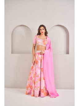 SAMMOHI BY MOKSHA & HIRAL - Pink Floral Printed Lehenga with Blouse and Dupatta (Set of 3)