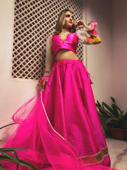 POMCHA - Hot Pink Taffeta Lehenga (Set of 3)