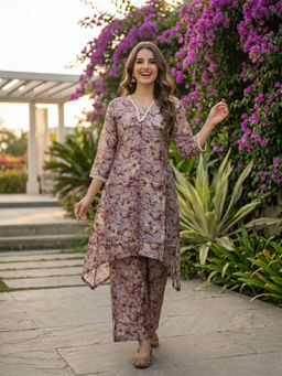 FASHOR - Purple Floral Printed Kurta with Palazzo