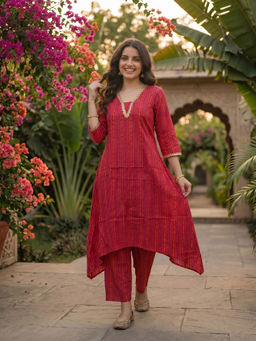 FASHOR - Dark Pink Printed Lace Work Kurta with Pant
