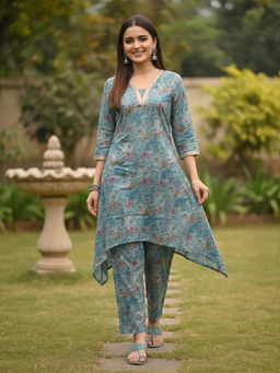 FASHOR - Blue Floral Printed Kurta with Pant