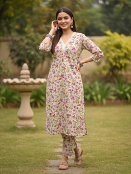 FASHOR - Cream Floral Printed Kurta with Pant