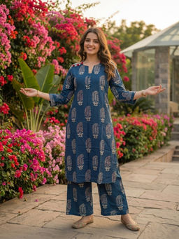 FASHOR - Teal Floral Printed Kurta with Palazzo