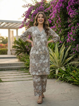 FASHOR - Grey Floral Printed Kurta with Palazzo
