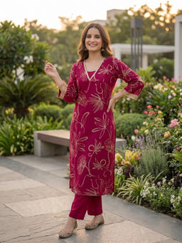 FASHOR - Wine Floral Embroidered Kurta with Pant