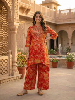 FASHOR - Orange Printed Embroidered Kurta with Palazzo