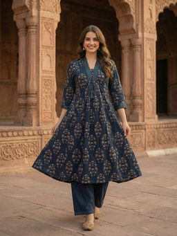 FASHOR - Navy Blue Floral Printed Kurta with Pant