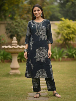 FASHOR - Navy Blue Floral Printed Kurta with Pant