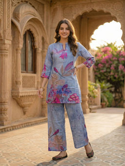 FASHOR - Blue Floral Printed Kurta with Pant