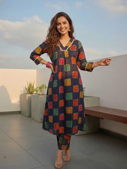 FASHOR - Navy Blue Printed Lace Work Kurta with Pant