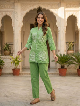 FASHOR - Green Self Design Embroidered Kurti with Pant