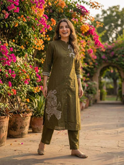 FASHOR - Olive Embroidered Thread Work Kurta with Pant