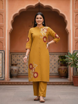 FASHOR - Mustard Embroidered Thread Work Kurta with Pant