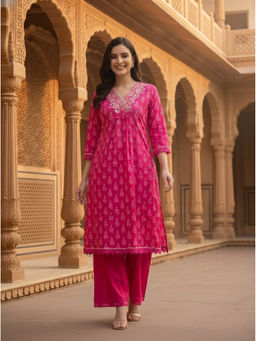 FASHOR - Pink Floral Mirror Work Kurta with Pant