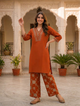 FASHOR - Rust Floral Mirror Work Kurta with Pant