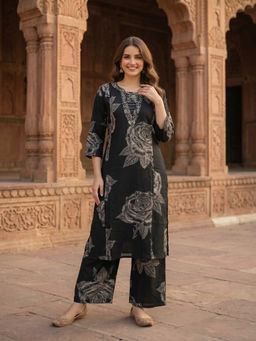 FASHOR - Black Floral Embroidered Kurta with Palazzo