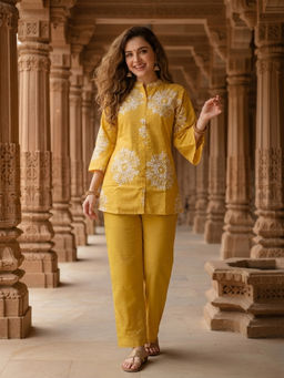 FASHOR - Yellow Self Design Embroidered Kurta with Pant
