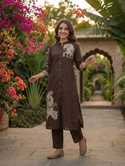 FASHOR - Brown Embroidered Thread Work Kurta with Pant