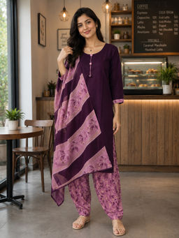 Rajnandini - Purple Floral Printed Kurta with Salwar and Dupatta