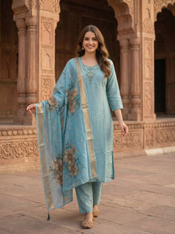 FASHOR - Blue Floral Embroidered Kurta with Pant and Dupatta