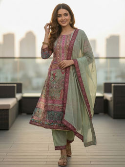 FASHOR - Green Floral Mirror Work Kurta with Pant and Dupatta