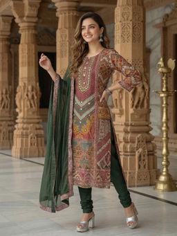 FASHOR - Multi-Color Floral Printed Kurta with Churidar and Dupatta