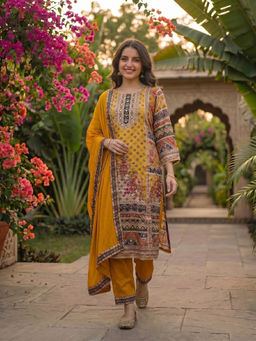 FASHOR - Yellow Floral Printed Kurta with Pant and Dupatta