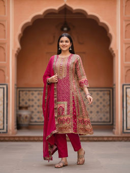 FASHOR - Pink Floral Printed Kurta with Pant and Dupatta
