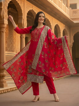 FASHOR - Red Floral Embroidered Kurta with Pant and Dupatta