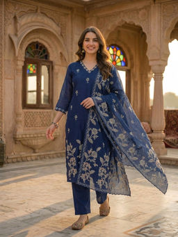 FASHOR - Navy Blue Floral Embroidered Kurta with Pant and Dupatta
