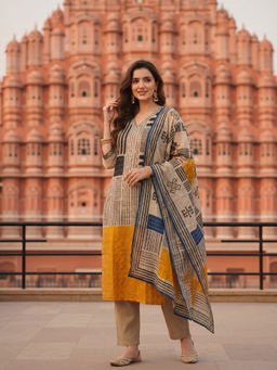 FASHOR - Beige Printed Sequined Work Kurta with Pant and Dupatta