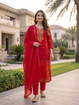 FASHOR - Red Floral Printed Kurta with Pant and Dupatta