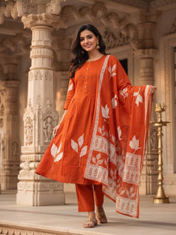 FASHOR - Orange Floral Embroidered Kurta with Pant and Dupatta
