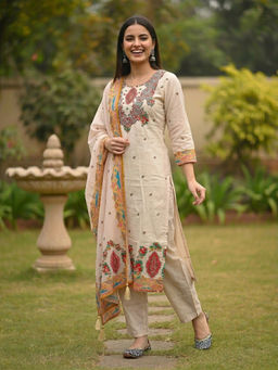 FASHOR - Cream Floral Embroidered Kurta with Pant and Dupatta