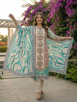 FASHOR - Off White Floral Printed Kurta with Pant and Dupatta
