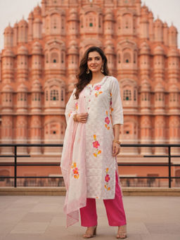 FASHOR - Off White Floral Printed Kurta with Pant and Dupatta
