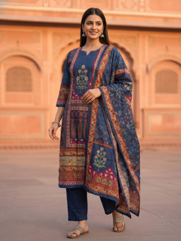 FASHOR - Navy Blue Floral Printed Kurta with Pant and Dupatta