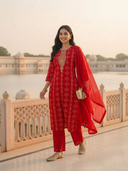 FASHOR - Red Printed Bandhani Kurta with Pant and Dupatta