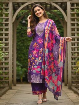 FASHOR - Purple Floral Printed Kurta with Pant and Dupatta