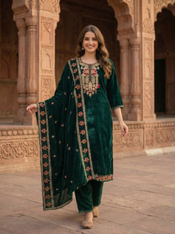 FASHOR - Green Floral Embroidered Kurta with Pant and Dupatta
