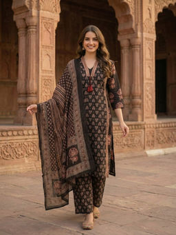 FASHOR - Brown Floral Printed Kurta with Pant and Dupatta