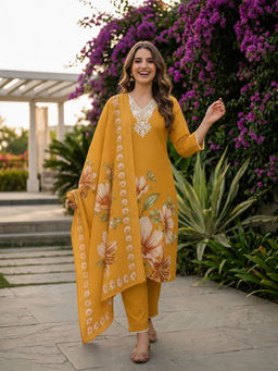 FASHOR - Mustard Floral Embroidered Kurta with Pant and Dupatta