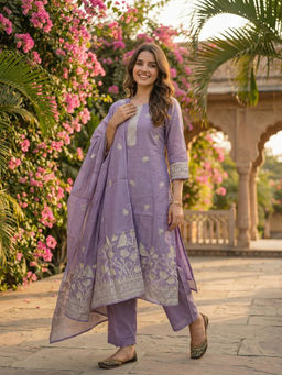 FASHOR - Lavender Floral Embroidered Kurta with Pant and Dupatta